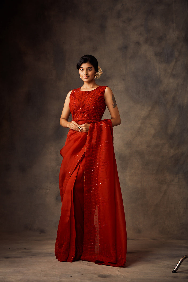 Red Organza Saree with Hand Embroidered Blouse
