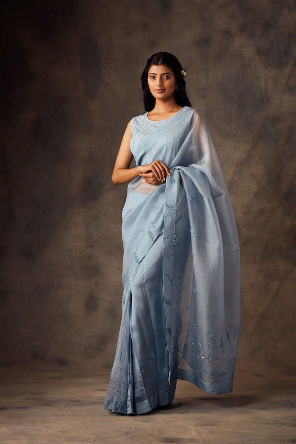 Blue Organza Saree with Hand Embroidered Blouse