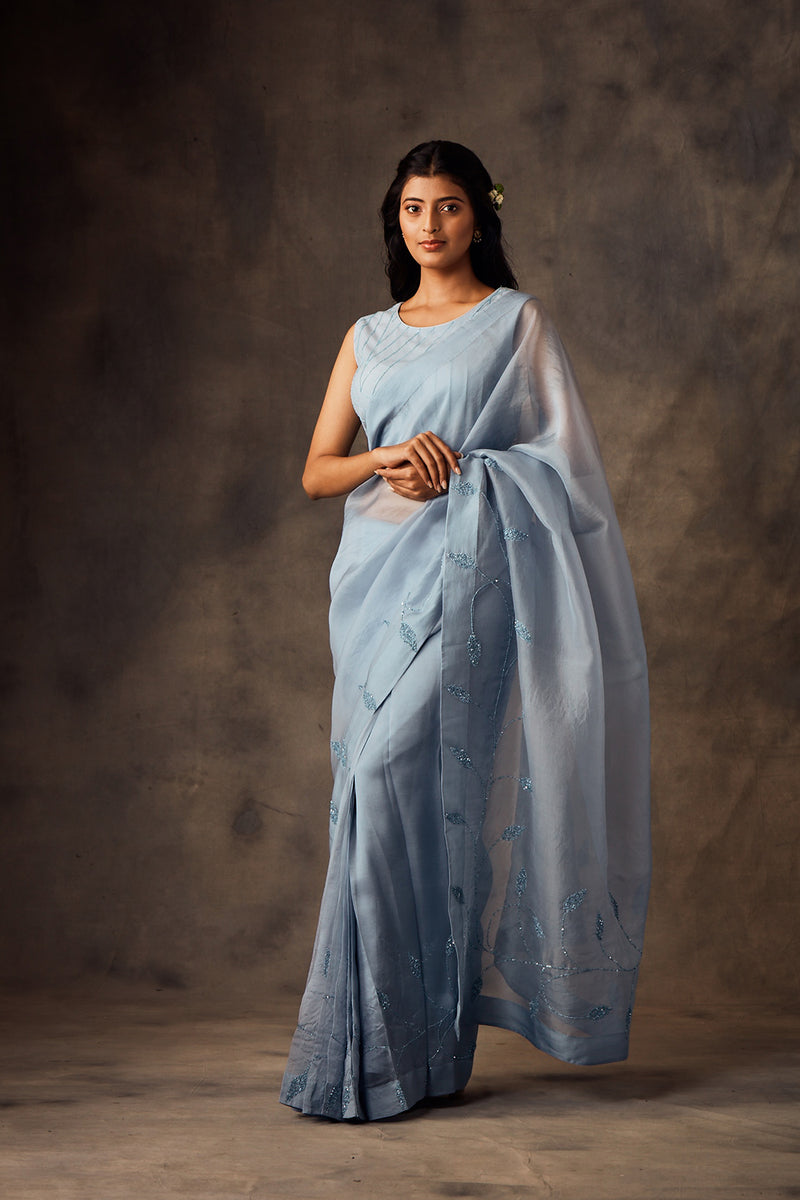Blue Organza Saree with Hand Embroidered Blouse