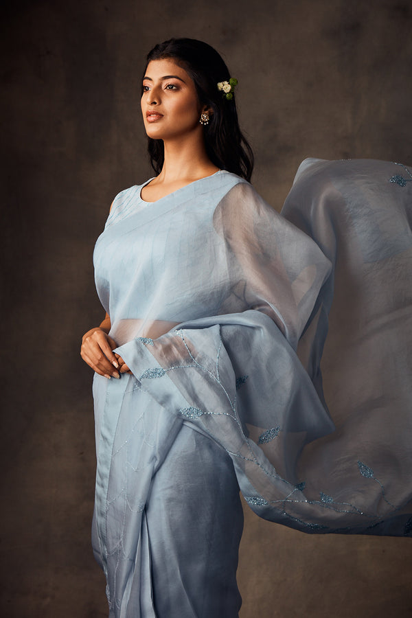 Blue Organza Saree with Hand Embroidered Blouse