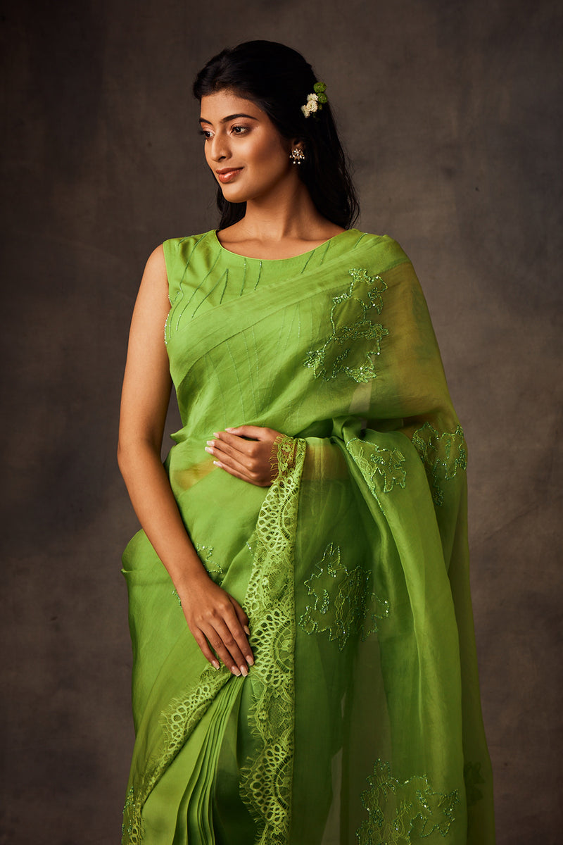 Green Organza Saree with Patch Work and Embroidered Blouse