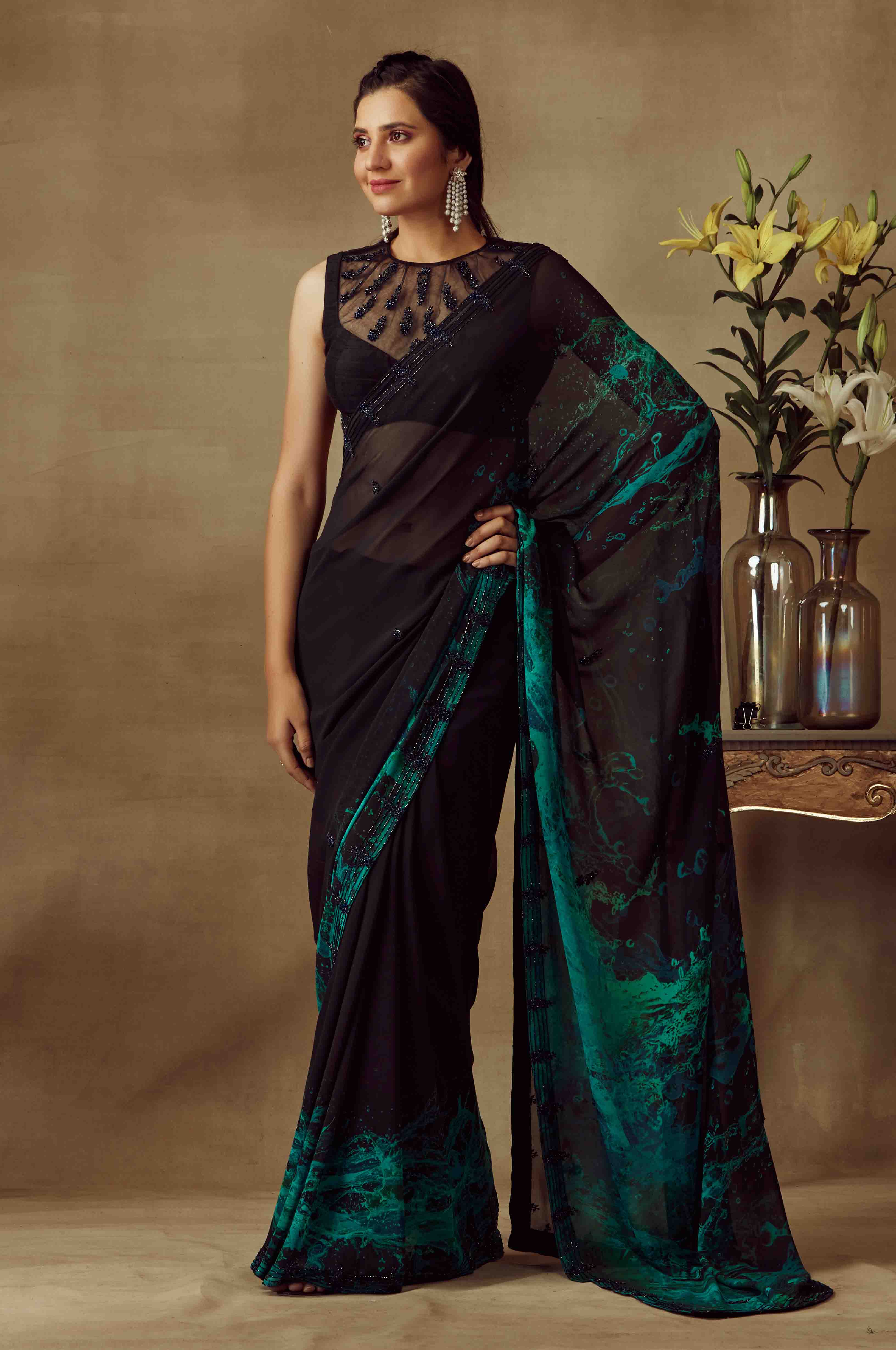 Printed Saree With High Neck Blouse