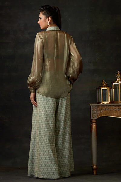 Shimmer Green Shirt, Inner With Printed Flared Pant