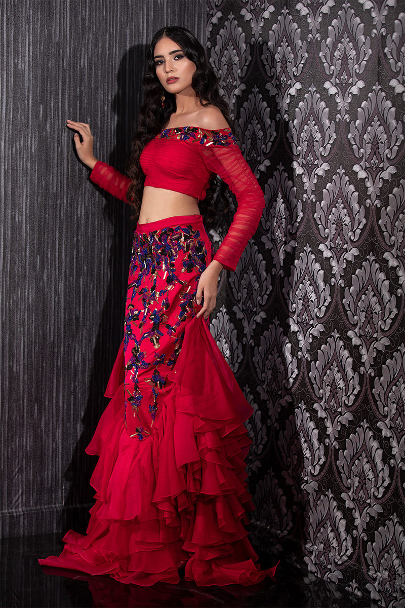 Red Silk Organza Drape Saree Set