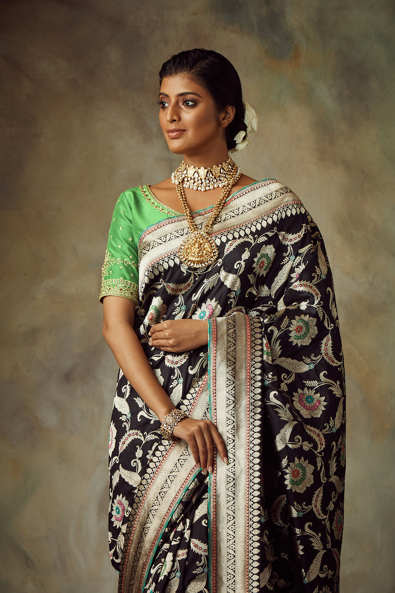 Black Saree With Unstitched Blouse