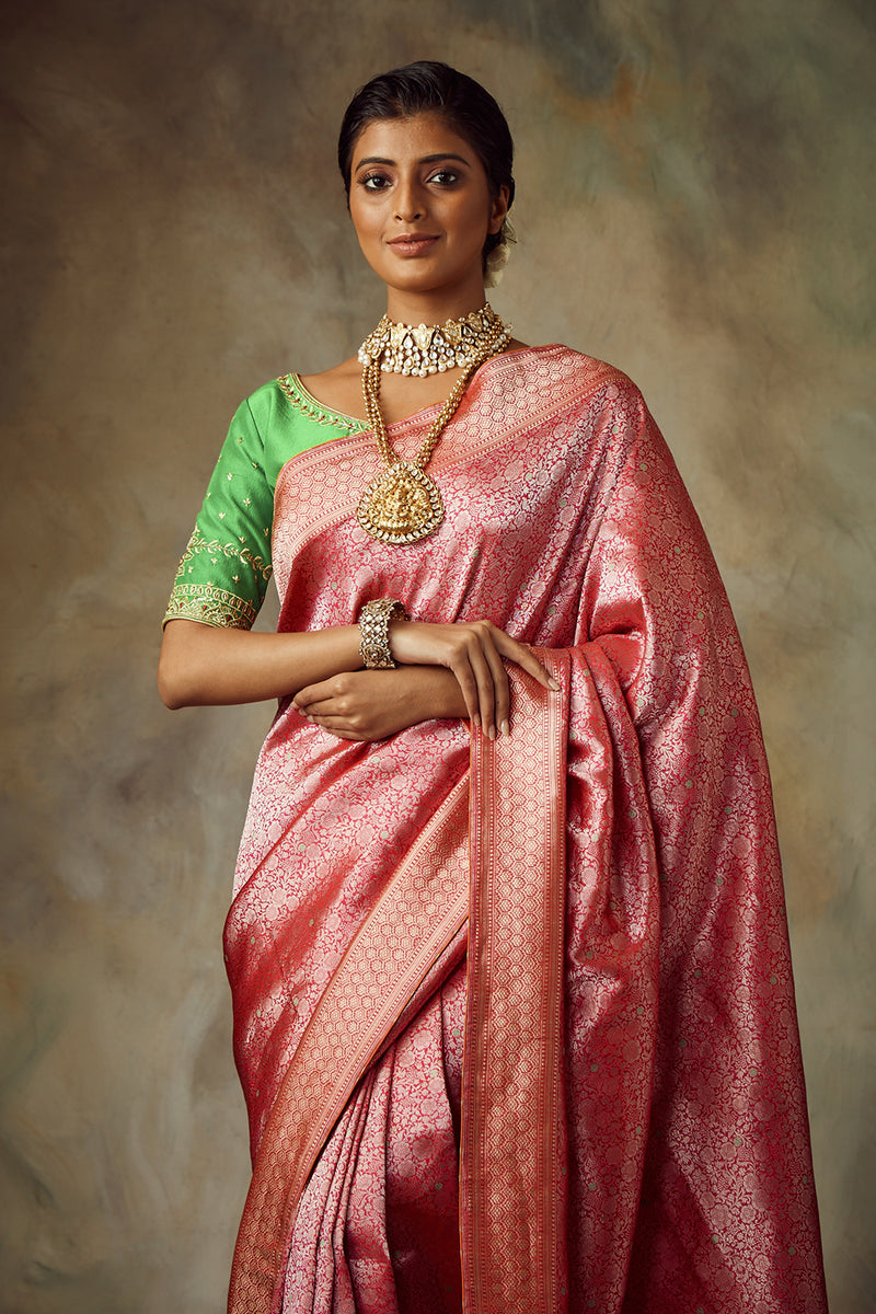 Fuschia Pink Saree With Unstitched Blouse