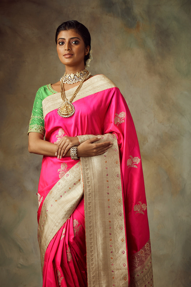 Fuschia Silk Saree With Unstitched Blouse