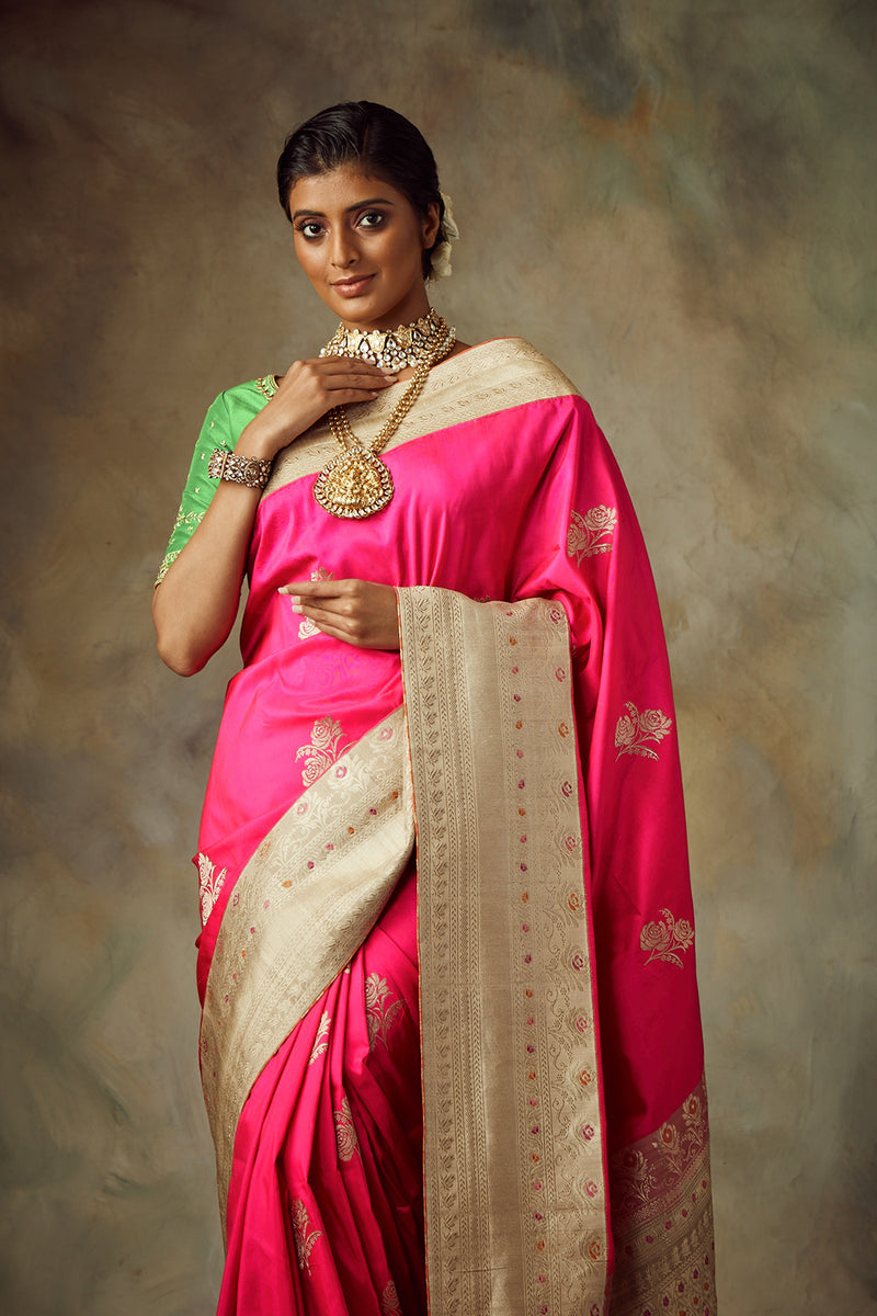 Fuschia Silk Saree With Unstitched Blouse