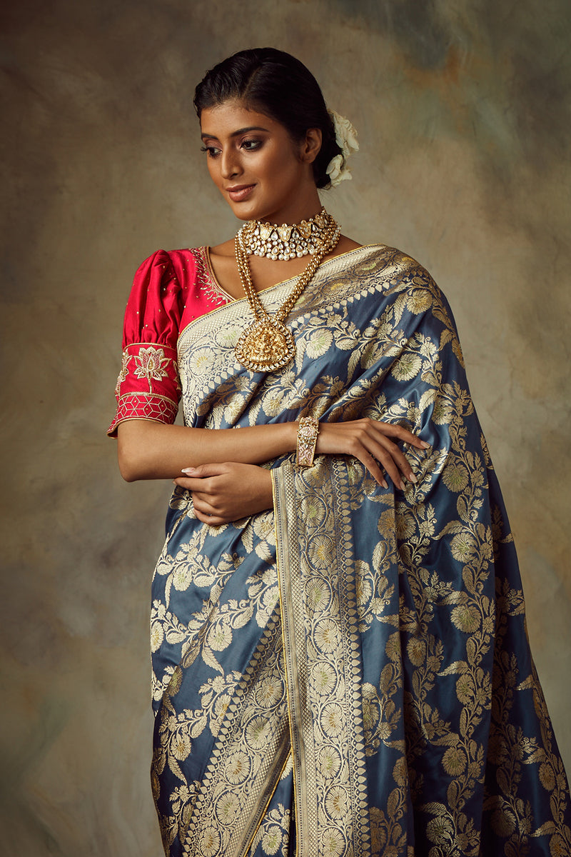 English Blue Saree With Unstitched Blouse