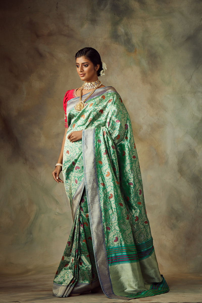 Teal Blue Saree With Unstitched Blouse