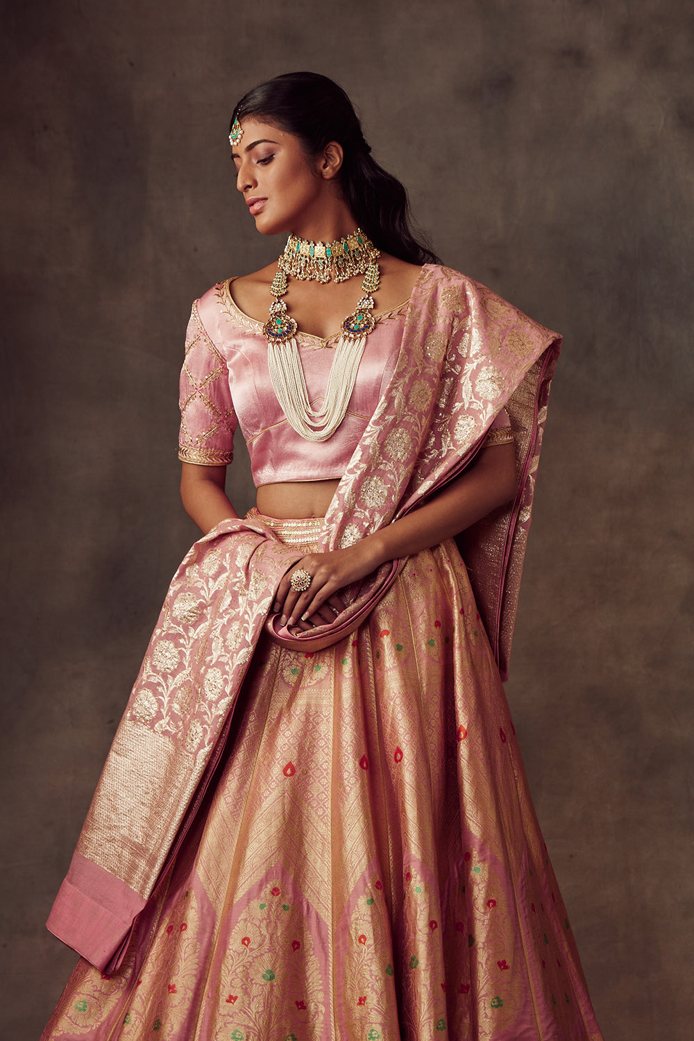 Indrivar - Rose Gold Lehenga Blouse & Dupatta Set – Anuthi Fashion