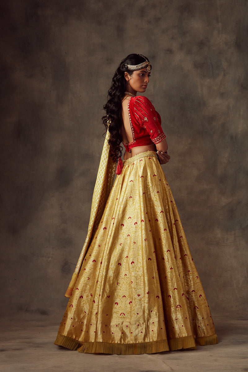 Yellow Lehenga With Dupatta And Red Blouse