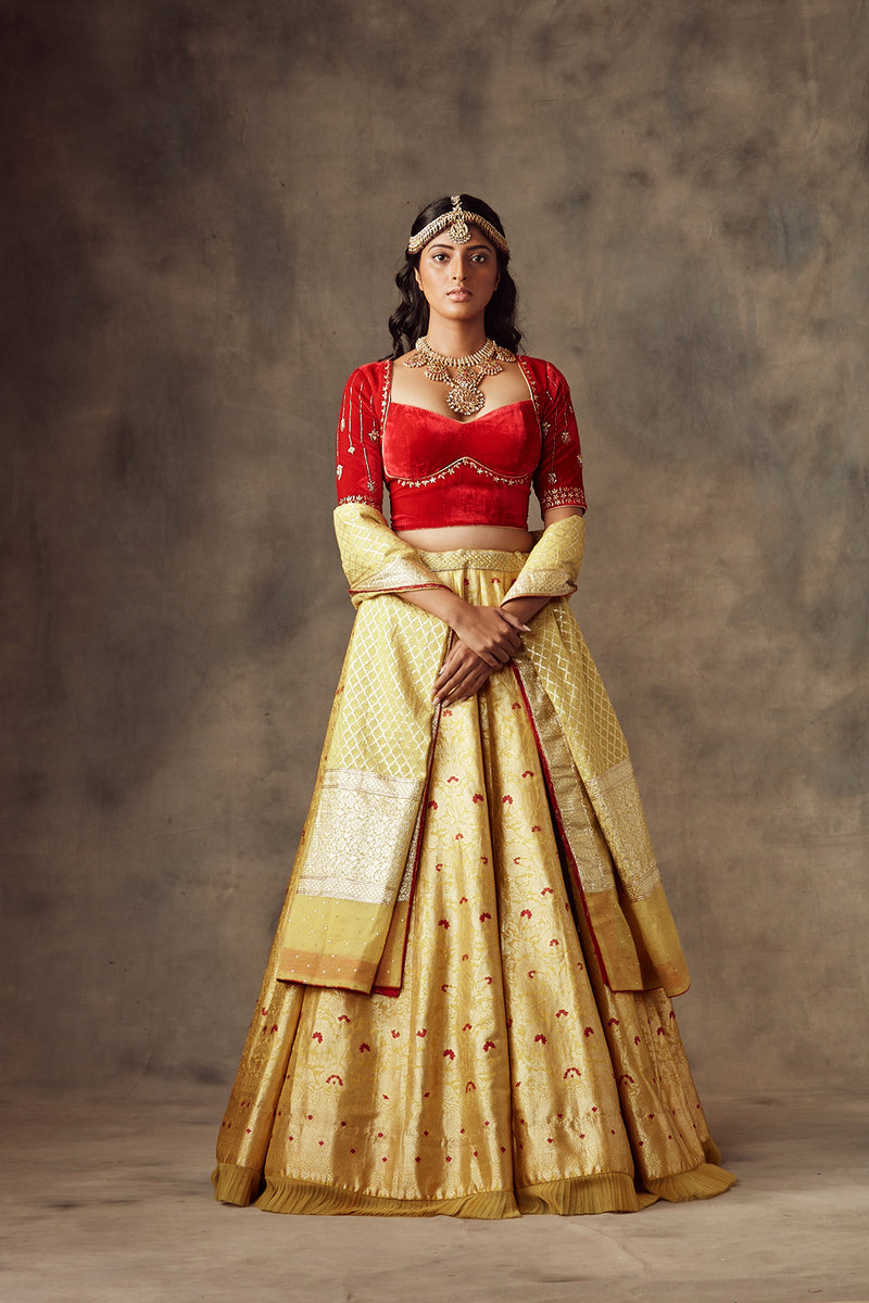 Yellow Lehenga With Dupatta And Red Blouse