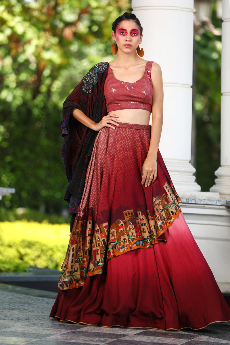 Pre Order: Motifs Embroidered Top With Scalloped Drape And Lehenga | Little  Muffet