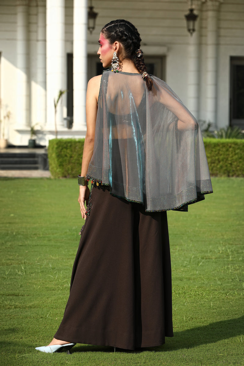 Ash Colored Cape In Sheer Fabric with Brown Flared Bottom