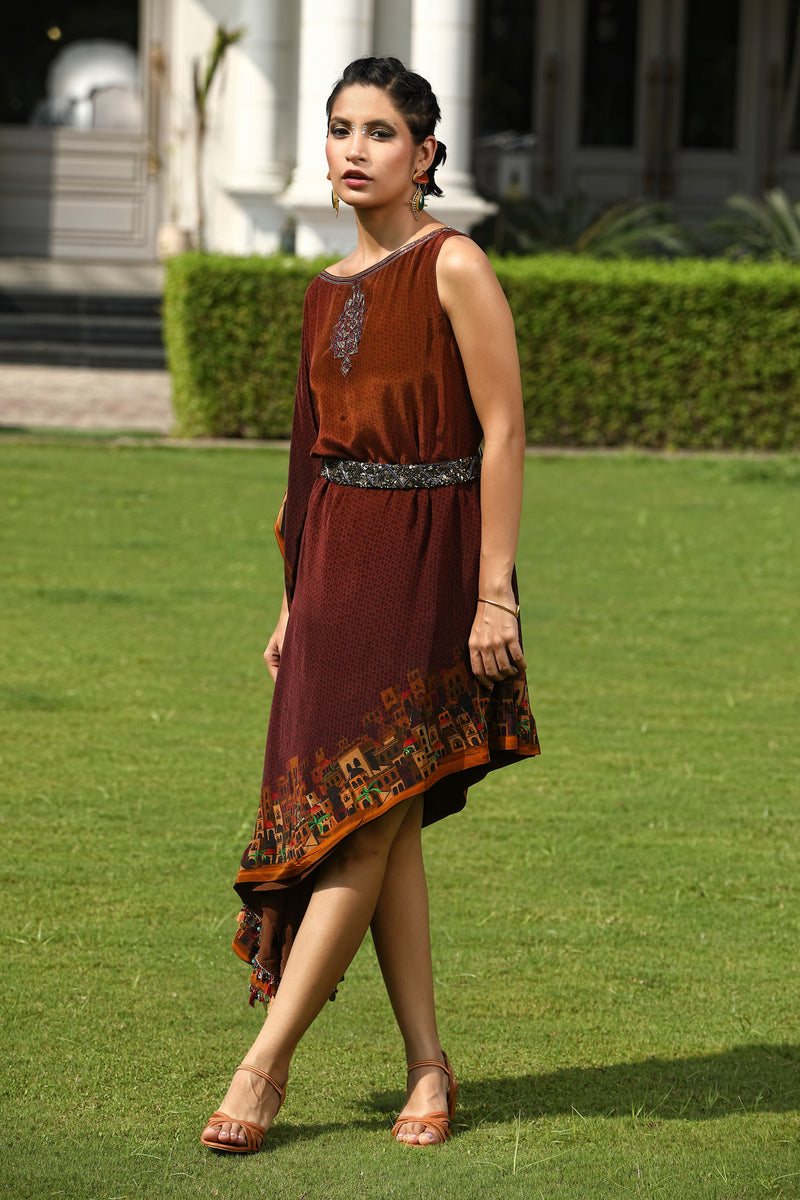 Asymmetric Printed Dress With Hand Work Detailing With Hand embroidered Belt