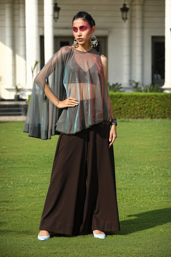 Ash Colored Cape In Sheer Fabric with Brown Flared Bottom