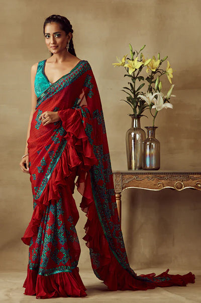Printed Saree With Ruffle Border With  Hand Embroidered Detailing & Solid Blue Blouse