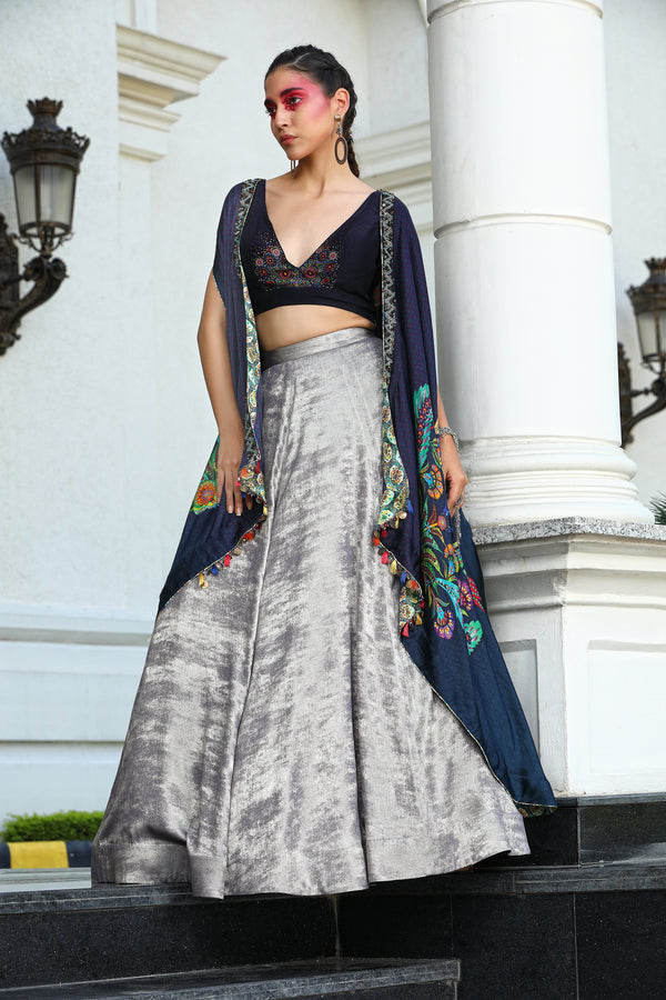 Digital Print Cape with Satin Blouse & Skirt