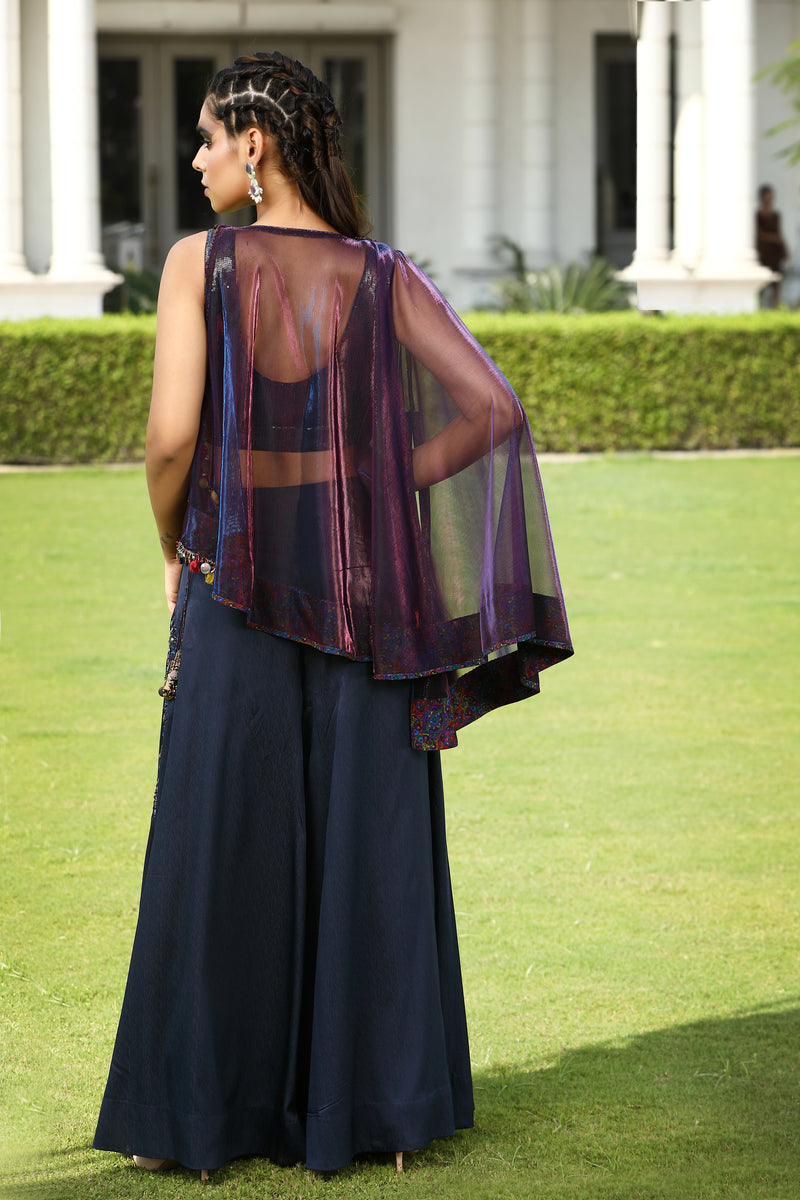 Cape In Sheer Fabric Violet With Black Flared Bottom