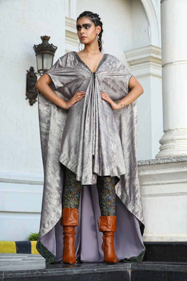 Shiny Misty Grey Cape with Digital Printed Legging