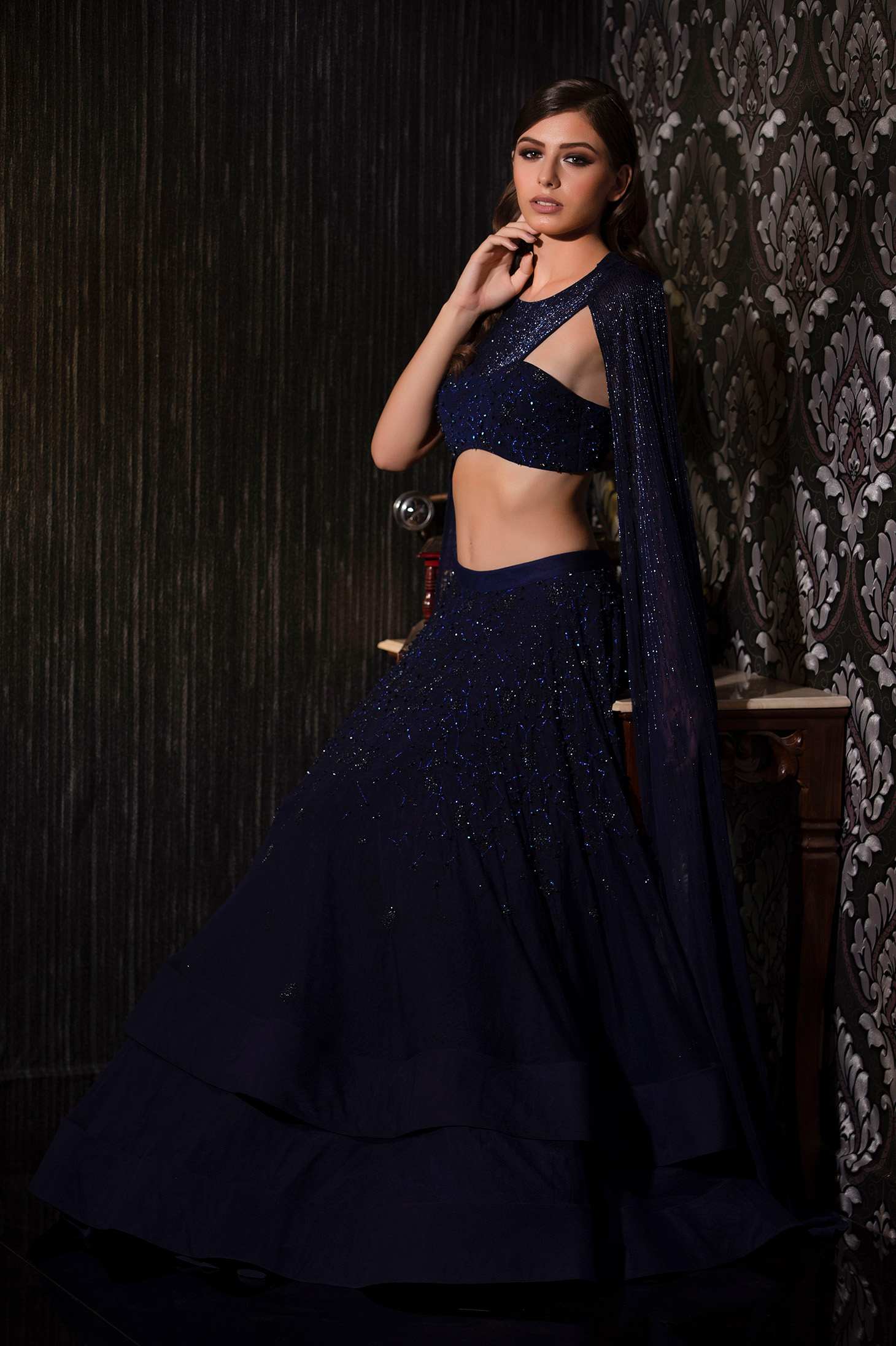 Net Lehenga With Cape Sleeves Full Embroidered
