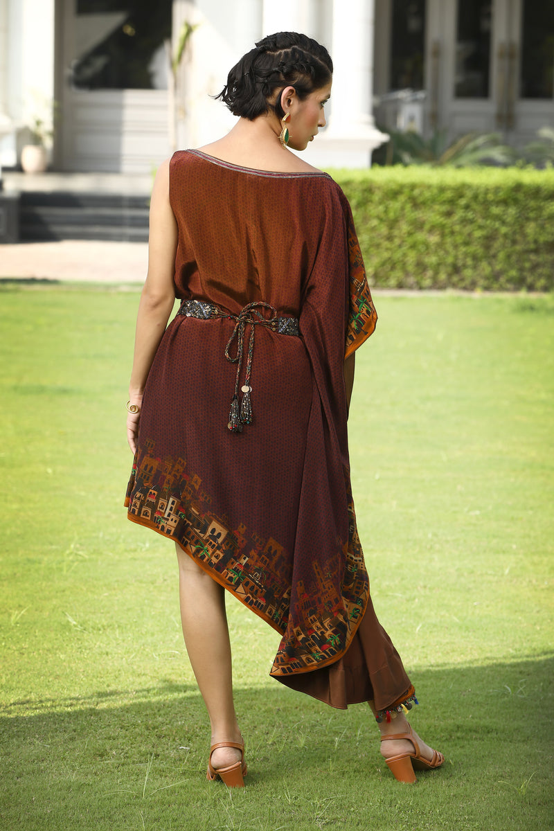 Asymmetric Printed Dress With Hand Work Detailing With Hand embroidered Belt