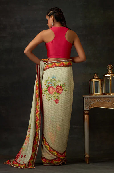 Floral Printed Saree With Solid Blouse