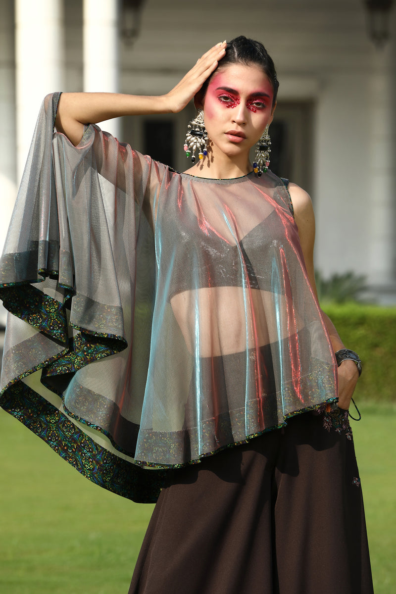 Ash Colored Cape In Sheer Fabric with Brown Flared Bottom