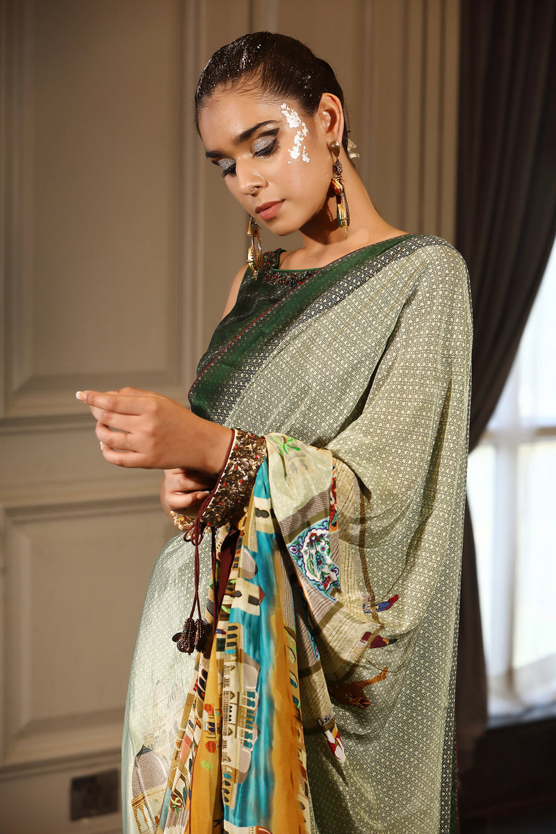 Printed Saree With Dark Green  Printed  Blouse
