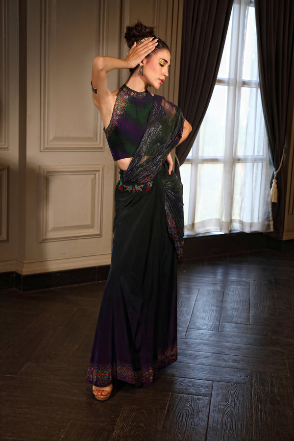 Digital  Printed With Shimmer Drape Saree  & Blouse