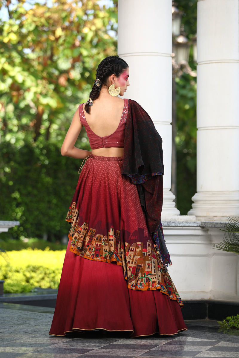 Digital Print Poncho with Crepe Bustier & Skirt