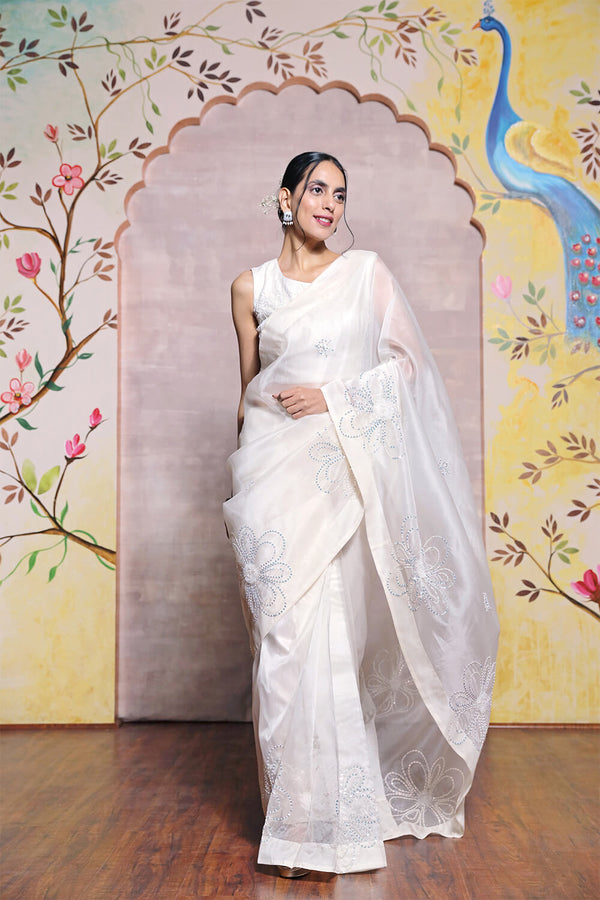 White Organza Hand Embroidered Saree and Blouse
