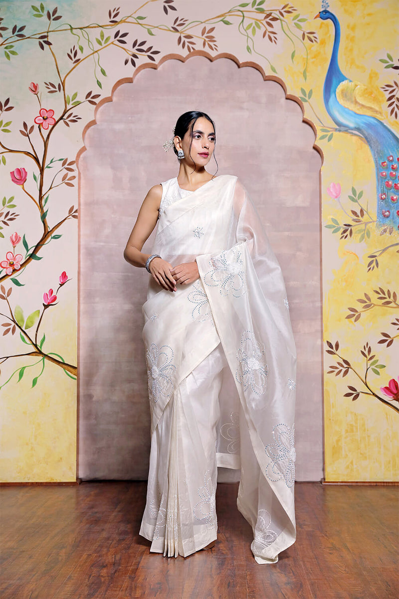 White Organza Hand Embroidered Saree and Blouse