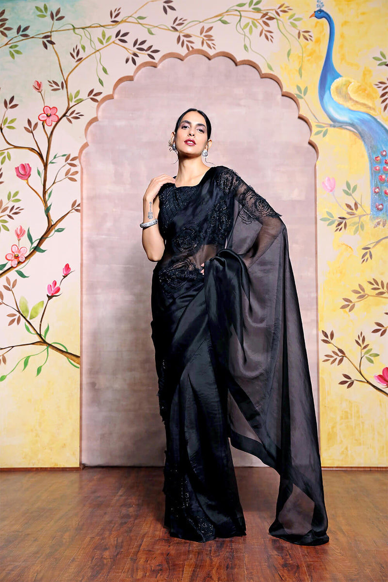 Black Organza Saree with Rose Design and Hand Embroidered Blouse