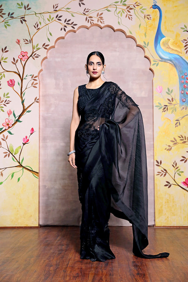 Black Organza Saree with Rose Design and Hand Embroidered Blouse