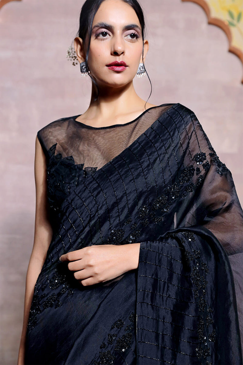 Black Organza Saree with Hand Embroidered Blouse