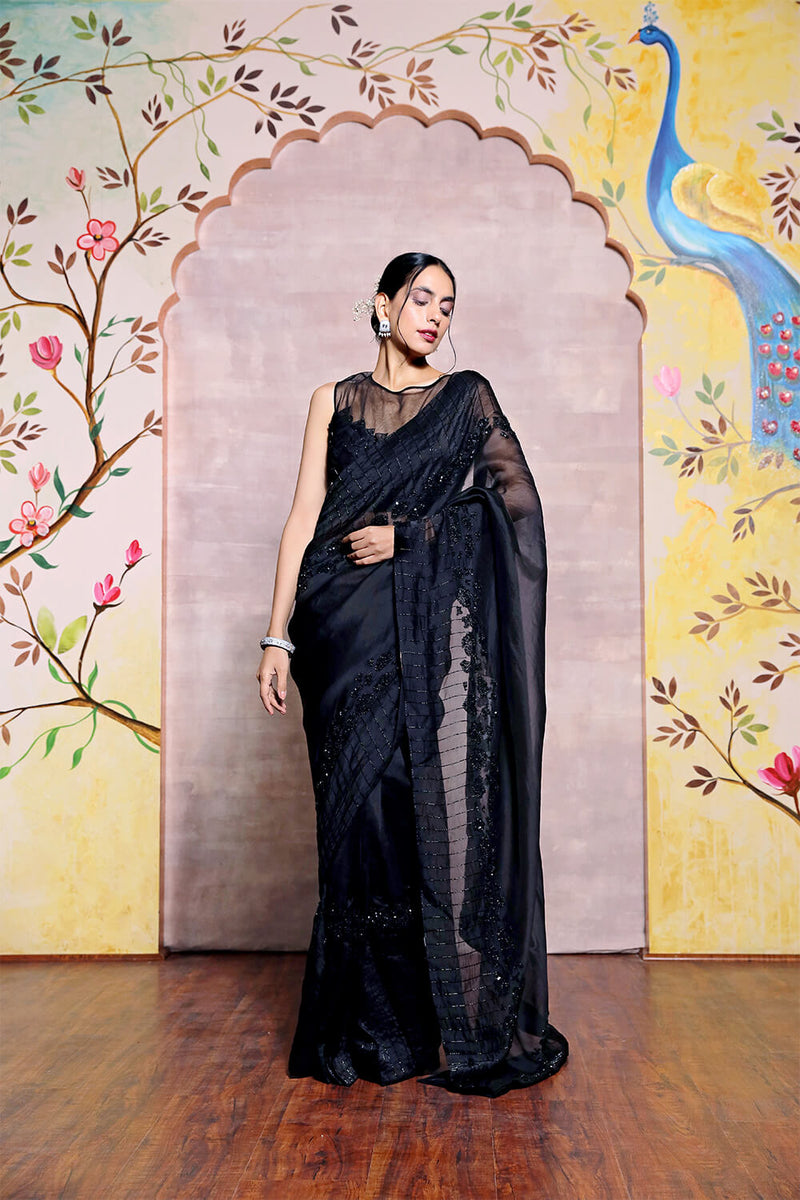 Black Organza Saree with Hand Embroidered Blouse
